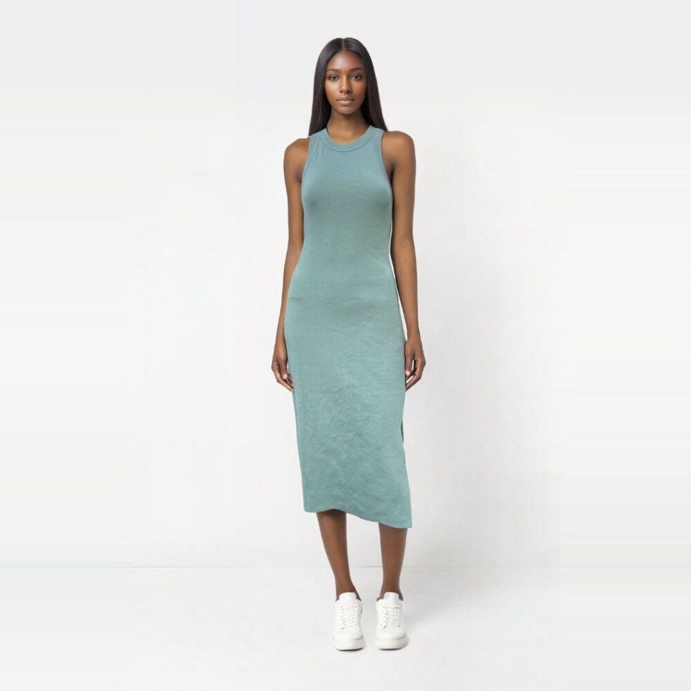Mable Women’s Stile Racerback Bodycon Ribbed Cotton Midi Dress Olive Green Sz M